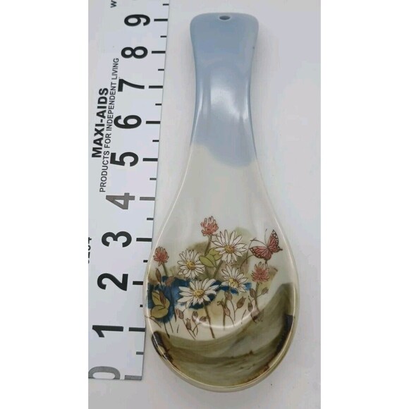 Vtg Otagiri Spoon Rest Flowers Butterfly Daisies Brown Blue Hand Painted Clover - Picture 2 of 4